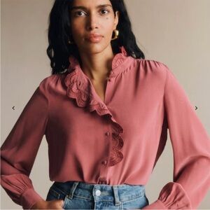 Sezane Chlo Blouse in Rosewood Silk Ruffle Trim Sz 42 (US size 10)